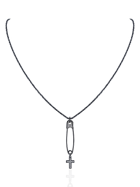 Серебряное колье с кулоном в виде булавки с крестиком и с фианитами, 1