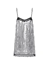 Платье-сорочка мини, серебристое в пайетках, черное кружево