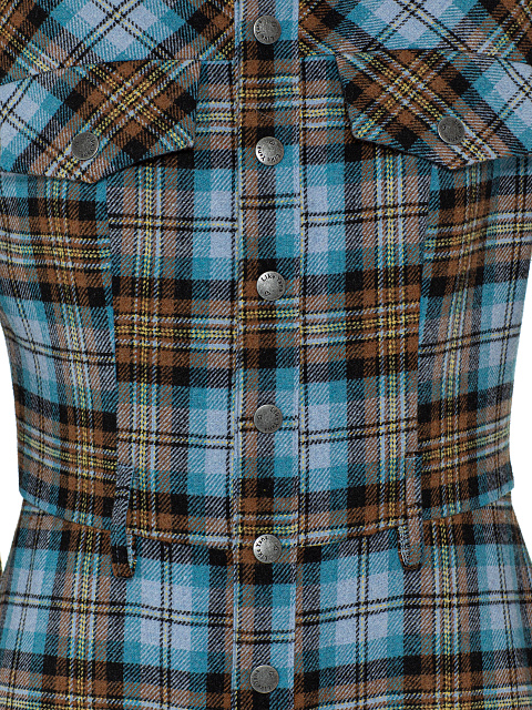 Коричнево-голубое шерстяное платье-миди в клетку, 3