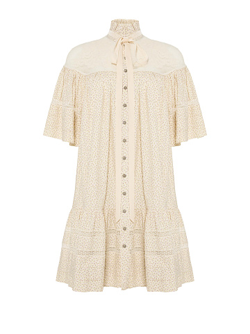 Молочное платье-мини с цветочным принтом с кружевом, 1