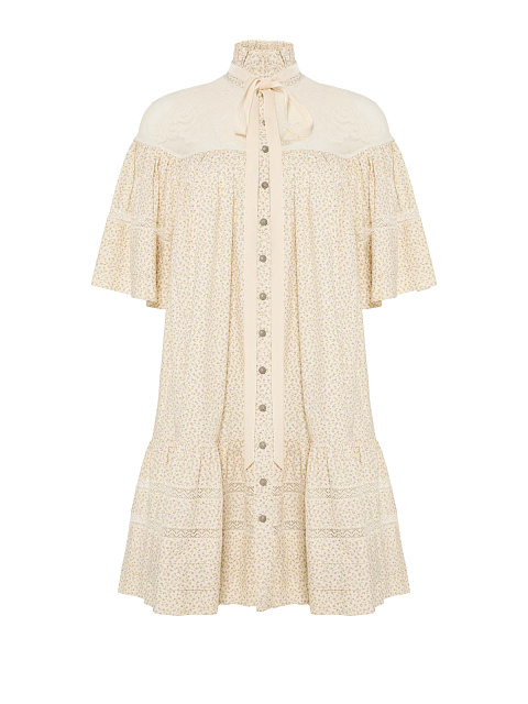 Молочное платье-мини с цветочным принтом с кружевом, 1