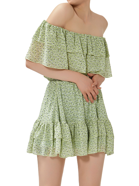 Светло-зеленое шифоновое платье-мини с открытыми плечами, 4