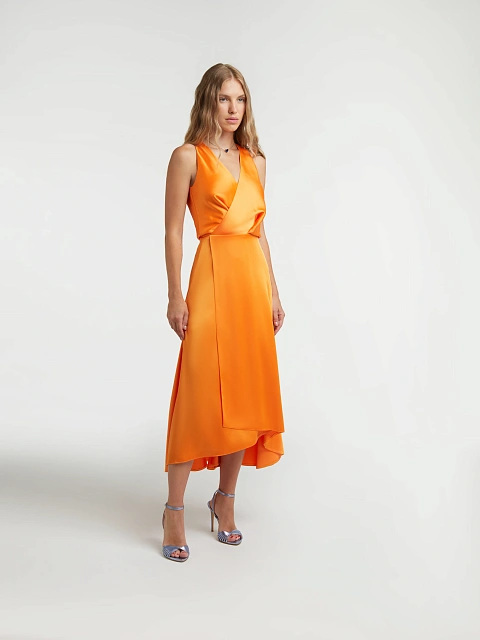 Оранжевое атласное платье-миди на запах, 2