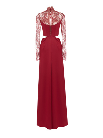 Бордовое платье-макси из шелка с кружевом, 2