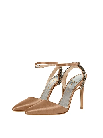 Бежевые туфли из сатина с острым мысом и стразами, 1