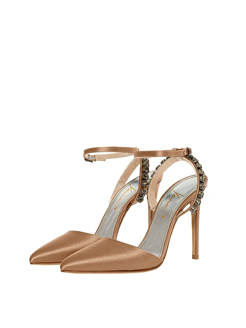 Бежевые туфли из сатина с острым мысом и стразами, 1
