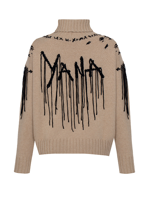 Бежевый кашемировый свитер с черной вышивкой, 2