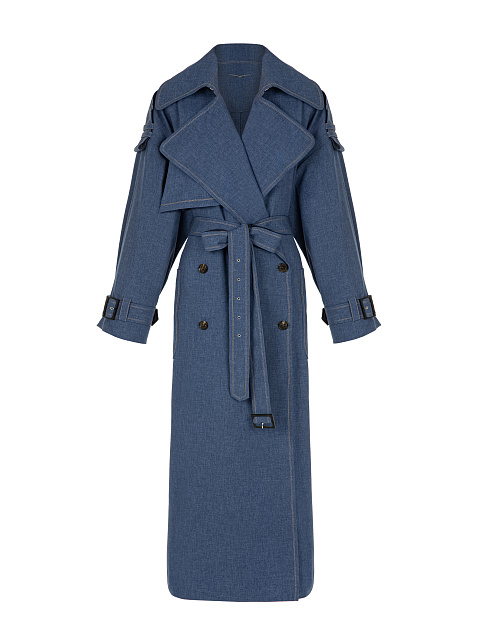 Синий двубортный льняной тренч, 1