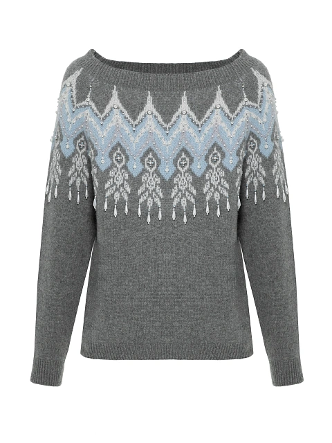 Серый кашемировый свитер с узором и жемчугом, 1
