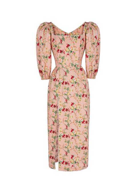 Розовое платье-миди с цветочным принтом, 1