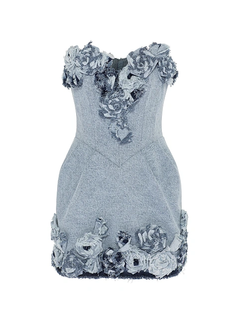 Голубое платье-мини из денима с розами, 1 Голубое платье-мини из денима с розами, 1