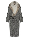 Пальто двубортное из черно-белой шерстяной ткани в клетку, съемный воротник из меха лисы