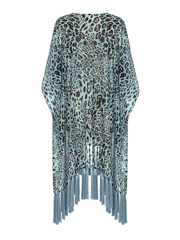 Голубая туника из шифона с леопардовым принтом и бахромой, 2