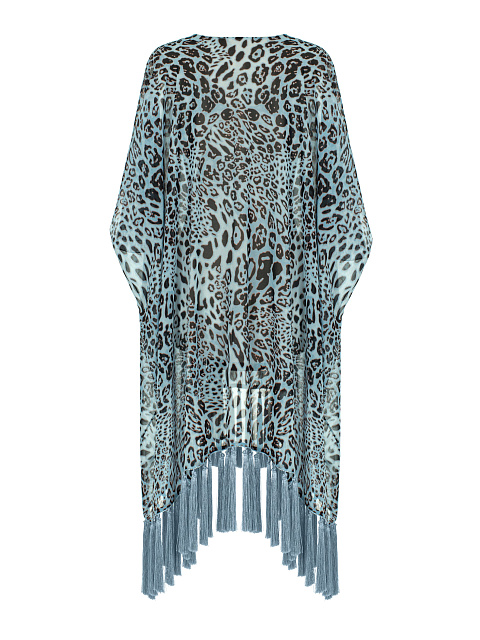 Голубая туника из шифона с леопардовым принтом и бахромой, 2
