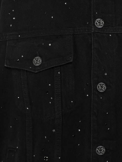 Черная объемная куртка из денима с перьями и стразами, 3