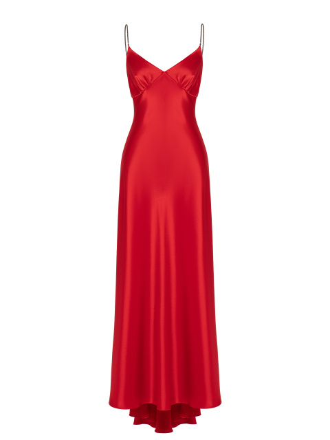 Красное платье-макси из шелка с серебряными бретелями, 1