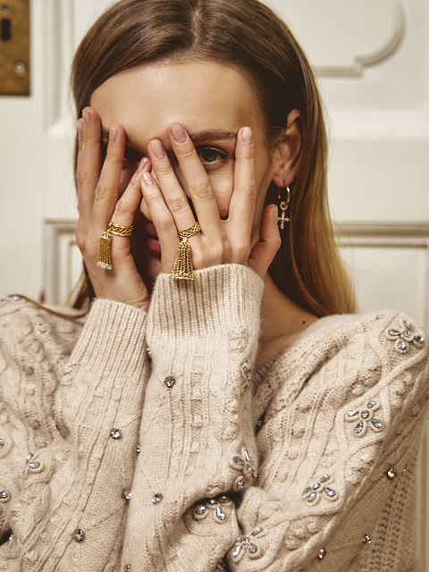 Бежевый удлиненный кардиган из шерсти со стразами, 5