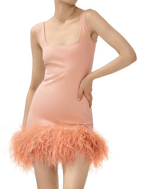 Персиковое платье-мини из джерси с боа по низу, 4