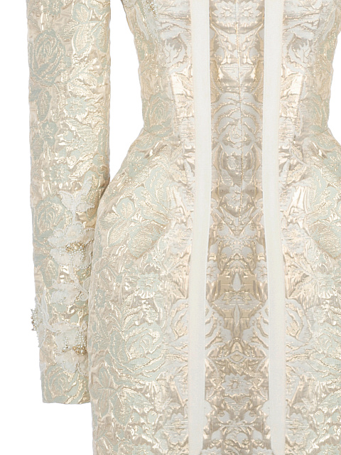 Платье-мини из золотой парчи с цветами, 3