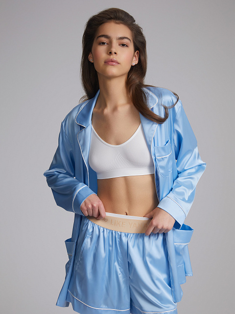 Голубая шелковая пижама с белым кантом, 7 Голубая шелковая пижама с белым кантом, 7