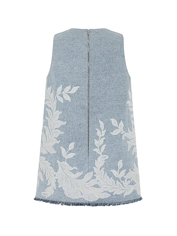 Голубое платье-мини из денима с кружевом и бахромой, 2