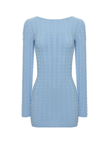 Голубое вязаное платье-мини с открытой спиной, 1