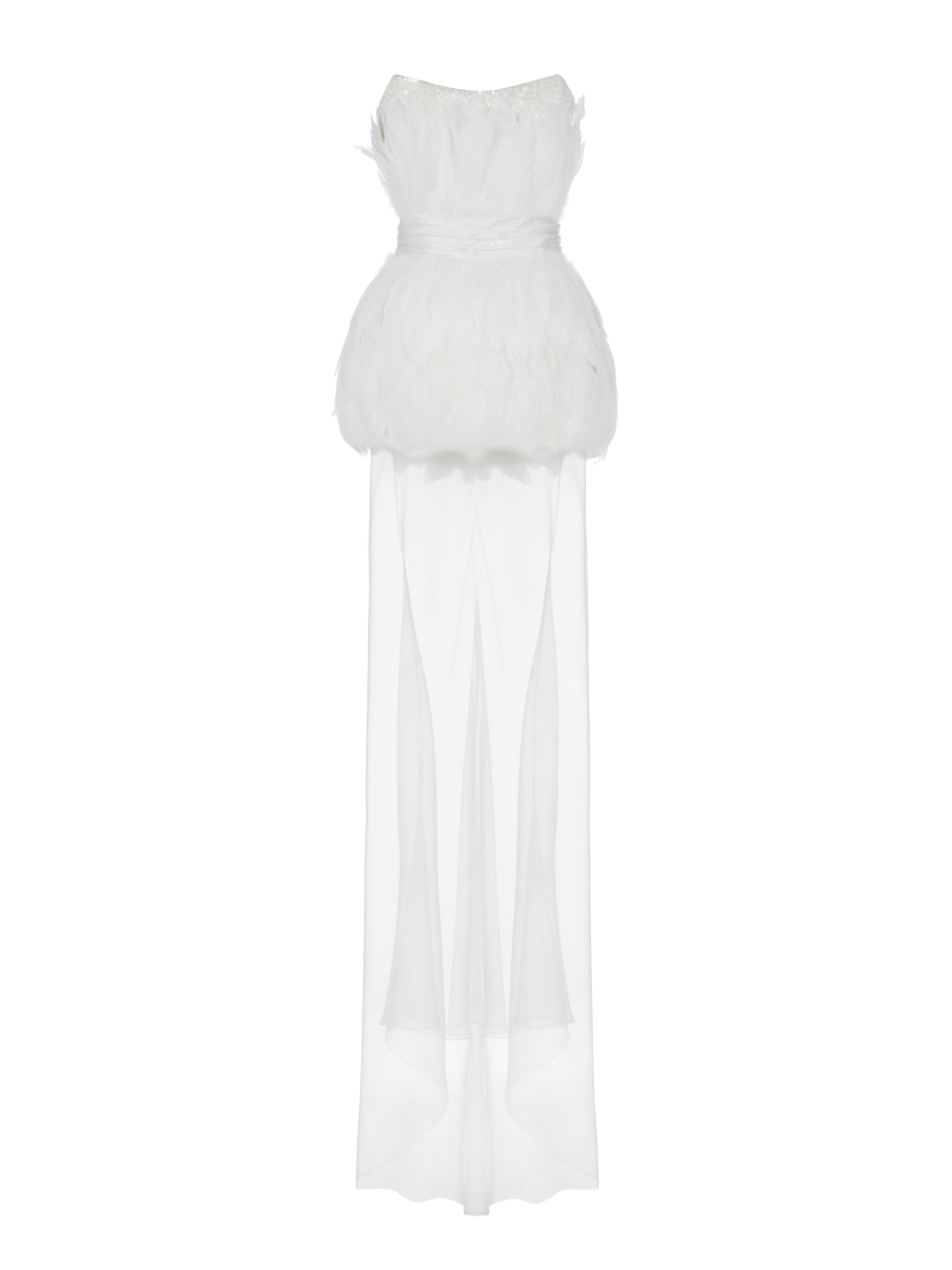 Белое платье-макси из шелка с отделкой из перьев, 1