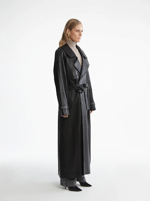 Черный двубортный тренч из фактурной кожи, 3