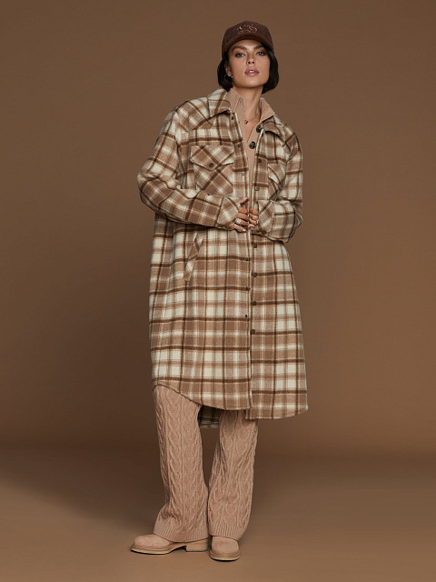 Коричневое шерстяное пальто-рубашка в клетку, 4