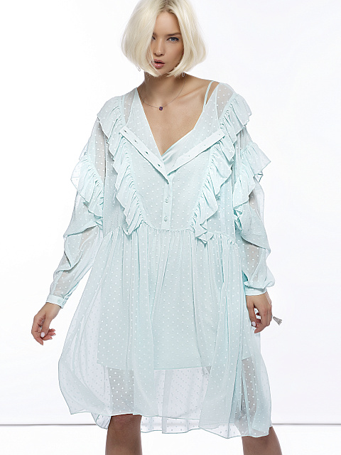 Бирюзовое платье из шифона с рюшами, 4 Бирюзовое платье из шифона с рюшами, 4