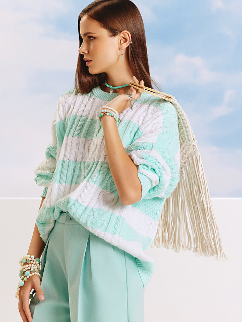 Хлопковый свитер с косами в мятно-белую полоску, 5