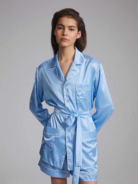 Голубая шелковая пижама с белым кантом, 6 Голубая шелковая пижама с белым кантом, 6