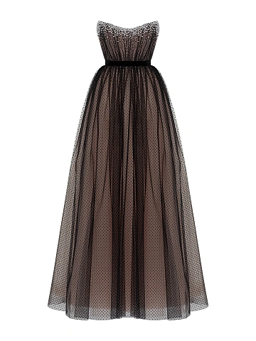 Черное платье-макси из фатина в горошек с жемчугом и кристаллами, 1