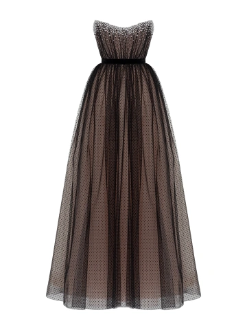Черное платье-макси из фатина в горошек с жемчугом и кристаллами, 2
