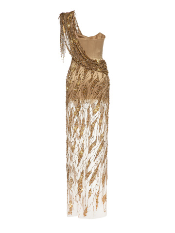 Золотистое асимметричное платье-макси из сетки с бисером, 2