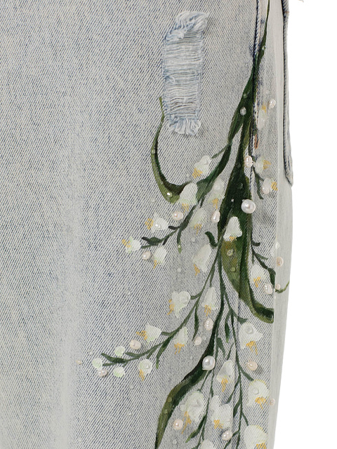 Голубые джинсы с вышивкой в виде ландышей и дырками, 4