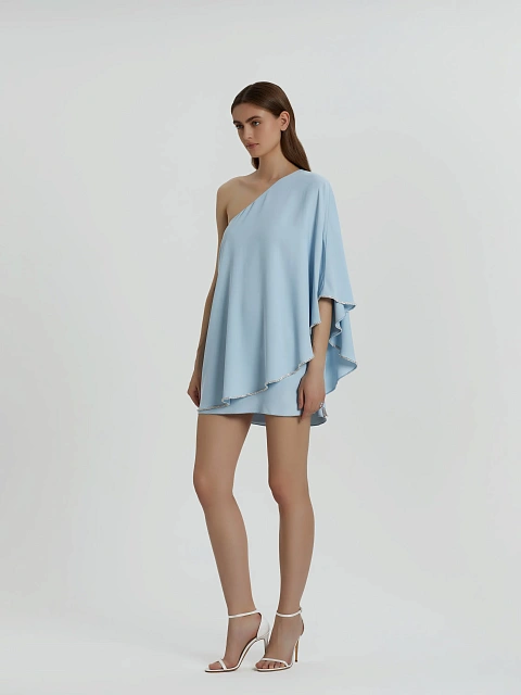 Голубое асимметричное платье-мини со стразами, 7