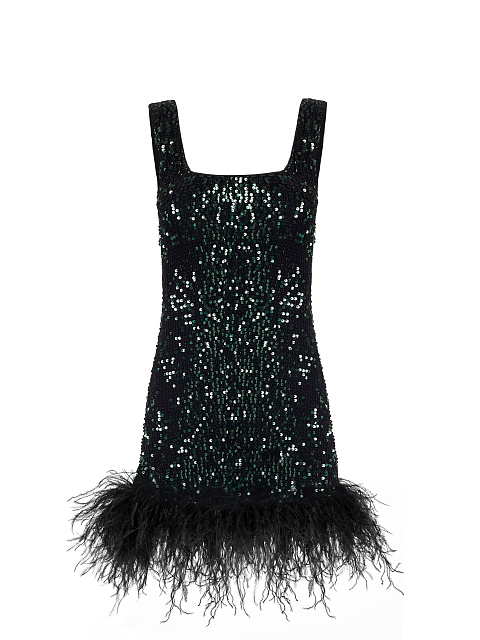Черное бархатное платье-мини в пайетках с боа, 1 Черное бархатное платье-мини в пайетках с боа, 1