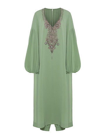 Костюм из зеленого креп-шелка, туника отделана вышивкой, джоггеры на резинке, 1