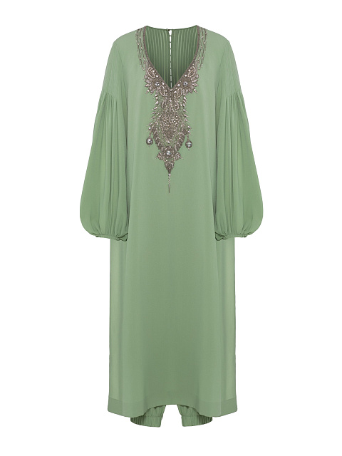 Костюм из зеленого креп-шелка, туника отделана вышивкой, джоггеры на резинке, 1 Костюм из зеленого креп-шелка, туника отделана вышивкой, джоггеры на резинке, 1