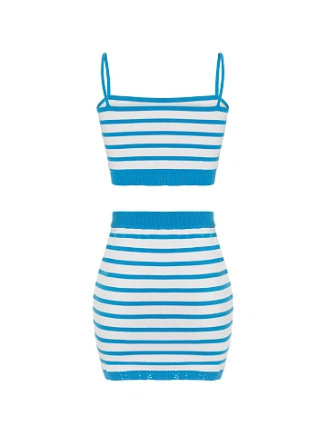 Белый комплект в синюю полоску из топа и юбки-мини, 2