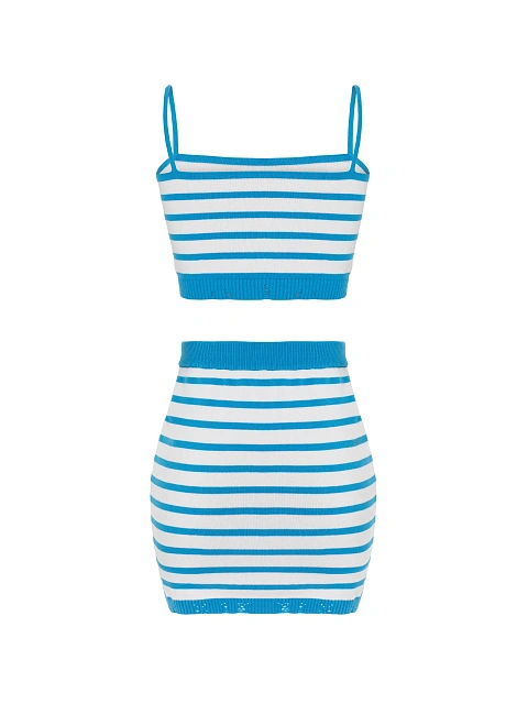 Белый комплект в синюю полоску из топа и юбки-мини, 2