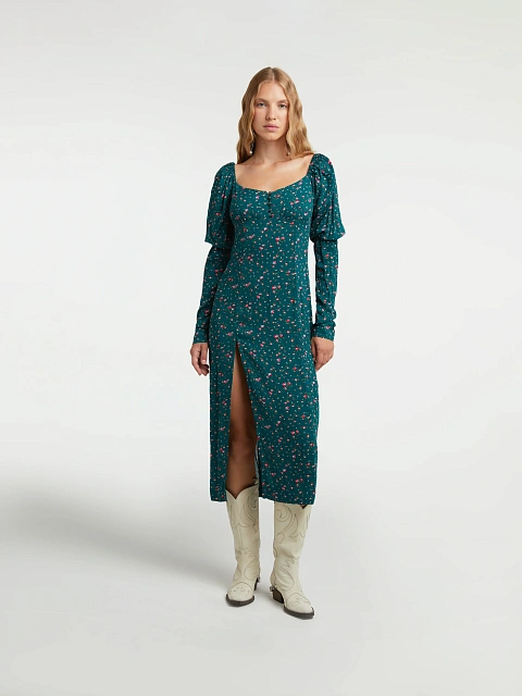 Зеленое платье-миди с цветочным принтом, 4 Зеленое платье-миди с цветочным принтом, 4