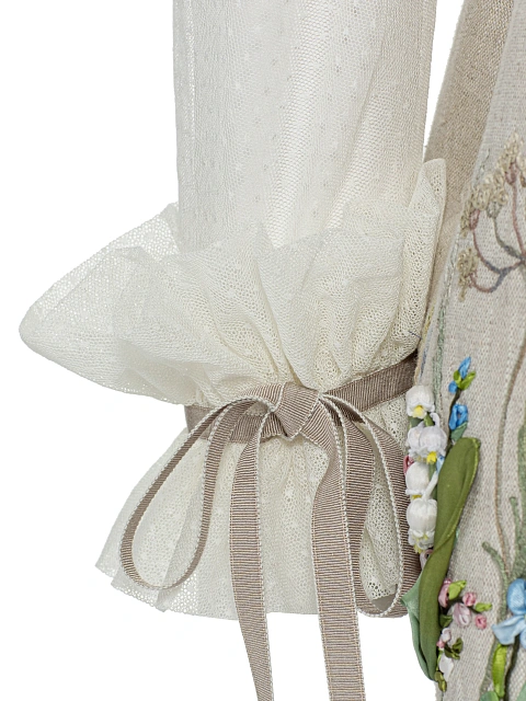 Бежевое платье-мини из льна с цветочной вышивкой и кружевом, 3