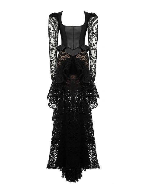Черное платье-макси из кожи и кружева, 1 Черное платье-макси из кожи и кружева, 1