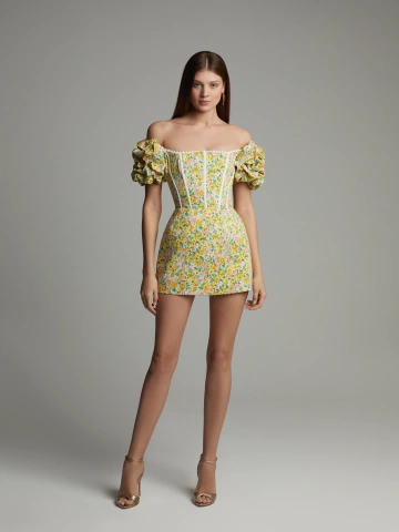 Желтое платье-мини из хлопка с цветочным принтом, 2