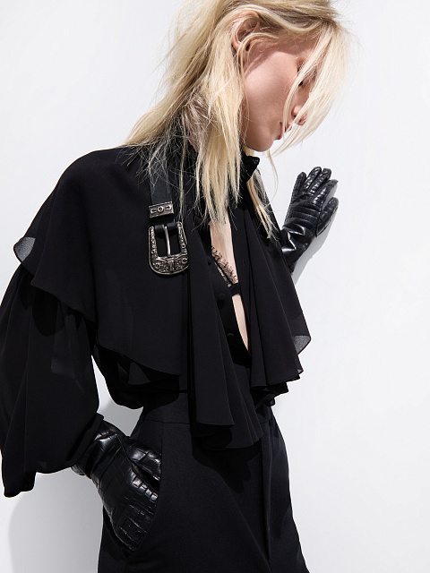 Черная блуза из шифона с рюшами и лентой, 2