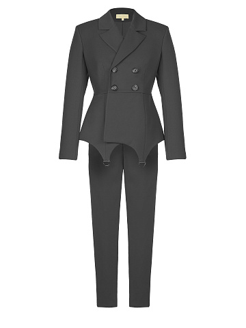 Серый брючный костюм со штрипками, 1