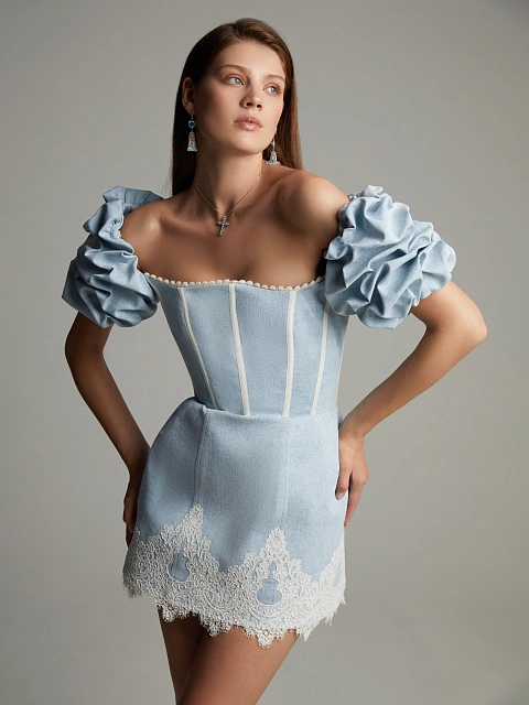 Голубое платье-мини из денима с белым кружевом, 7 Голубое платье-мини из денима с белым кружевом, 7