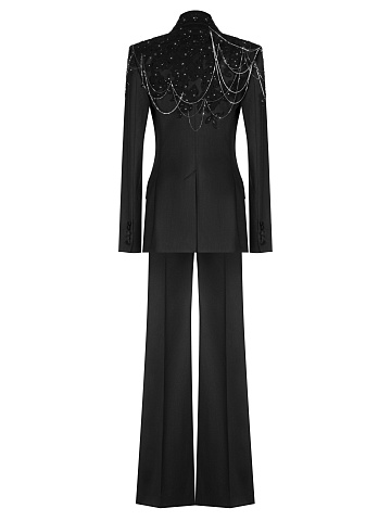 Черный атласный костюм-двойка с кружевом и стразами, 2